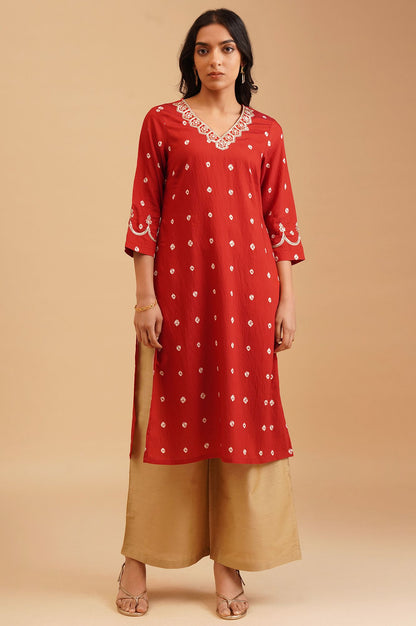 Red Bandhani Sequins Straight Kurta
