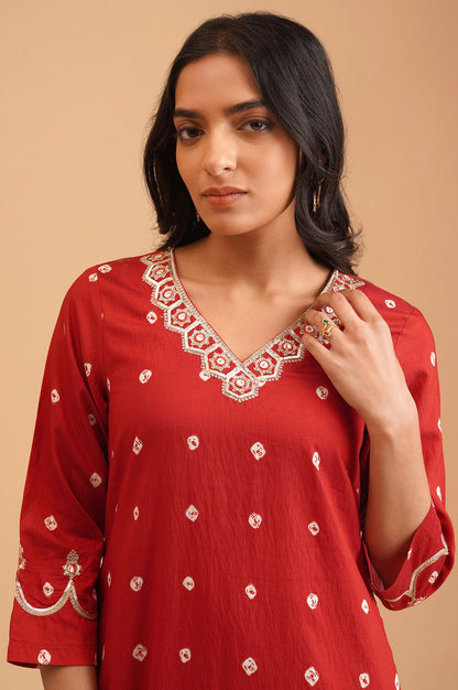 Red Bandhani Sequins Straight Kurta