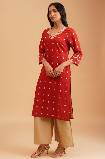 Red Bandhani Sequins Straight Kurta