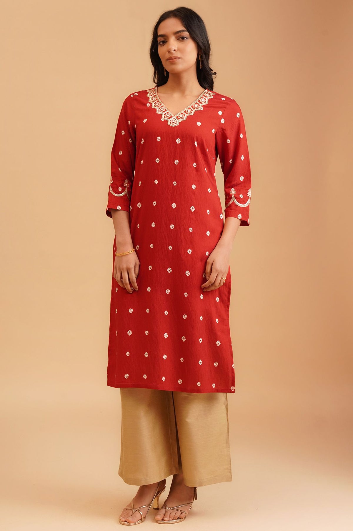Red Bandhani Sequins Straight Kurta