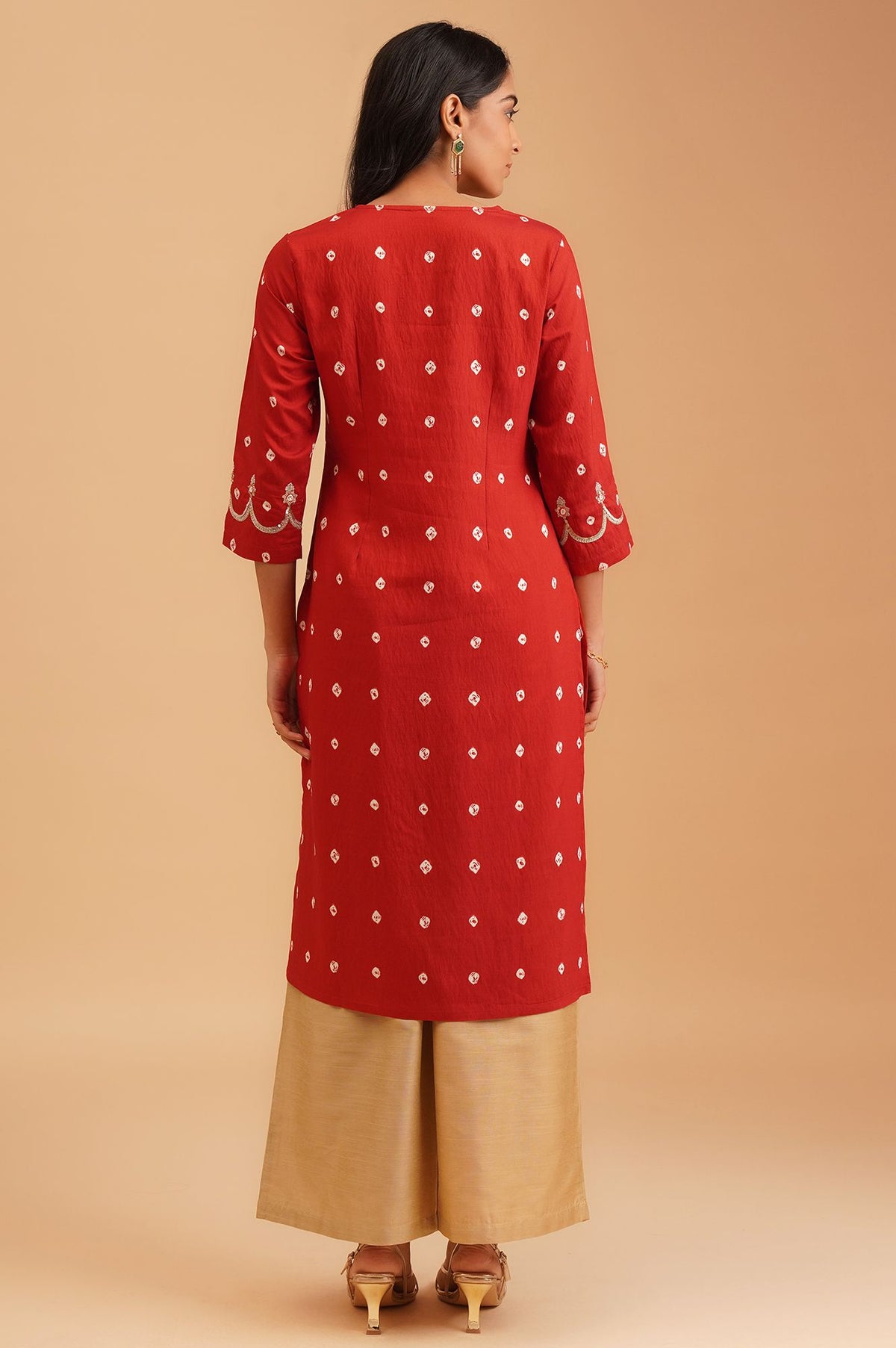 Red Bandhani Sequins Straight Kurta