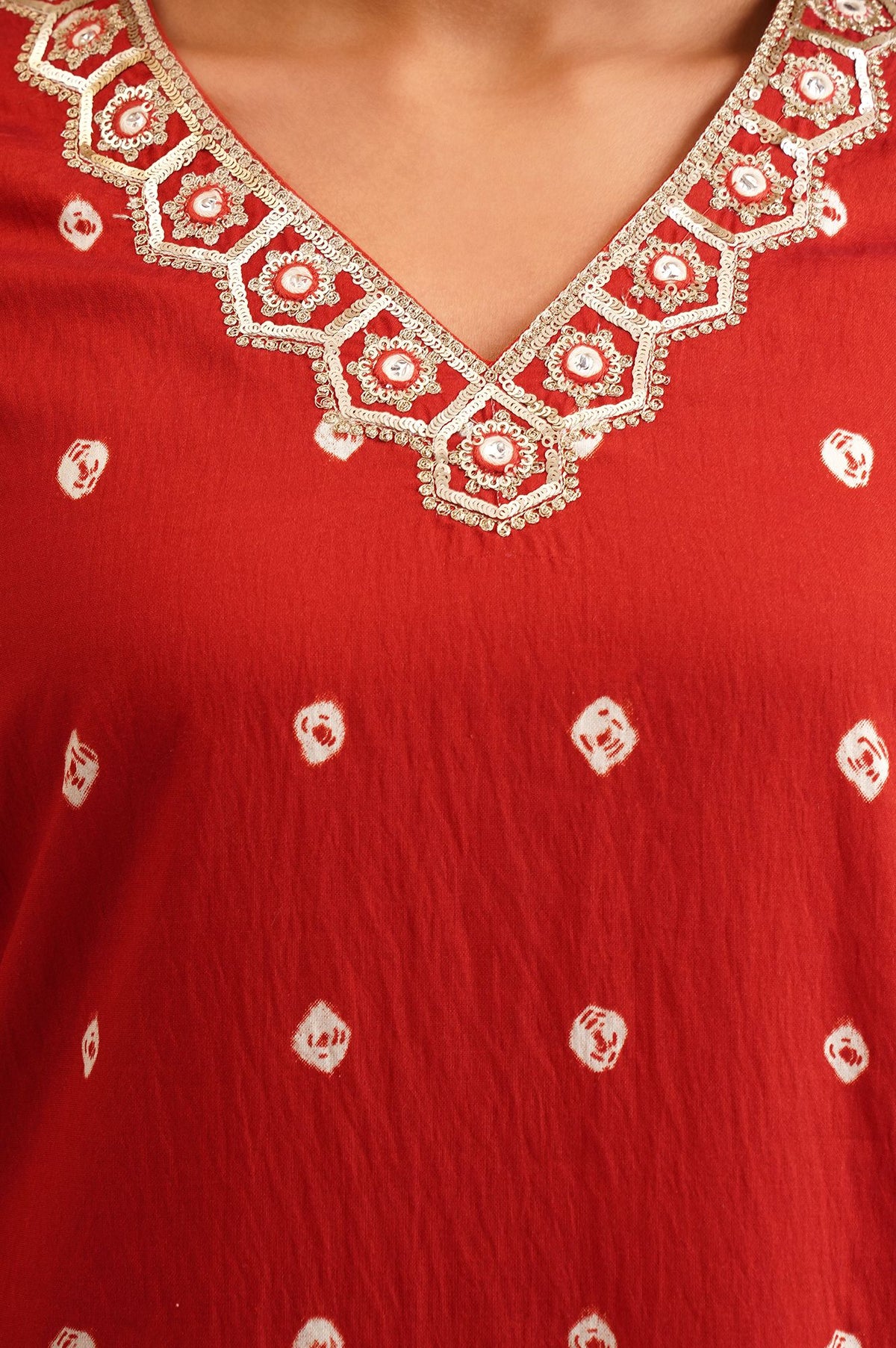 Red Bandhani Sequins Straight Kurta