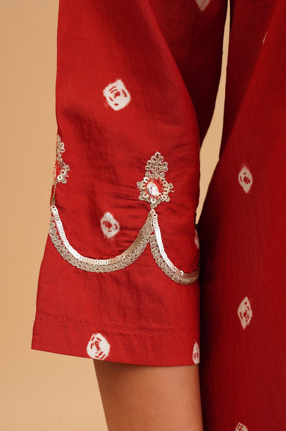Red Bandhani Sequins Straight Kurta