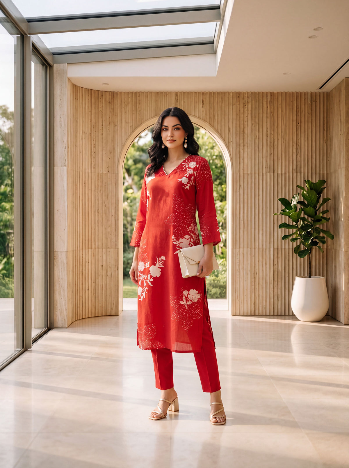 Red Floral Printed Straight Kurta
