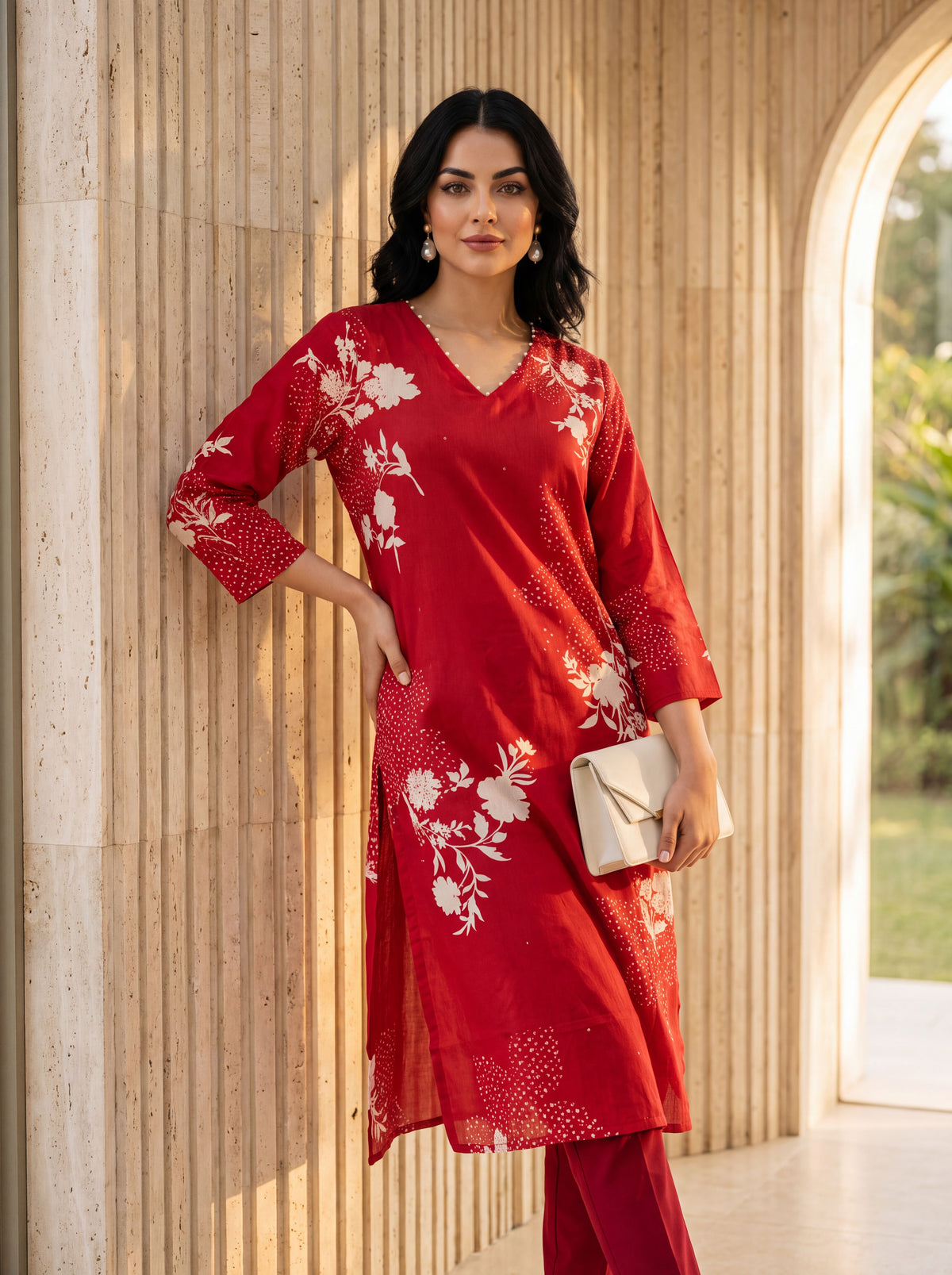 Red Floral Printed Straight Kurta