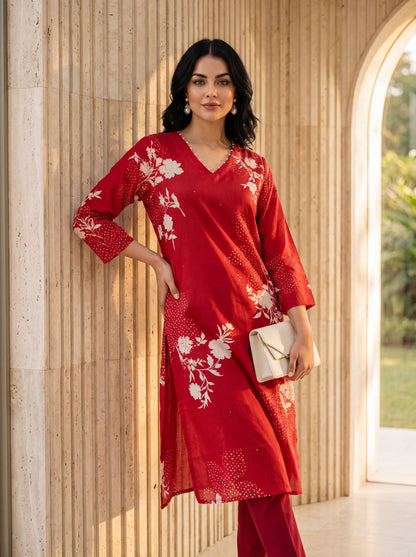 Red Floral Printed Straight Kurta