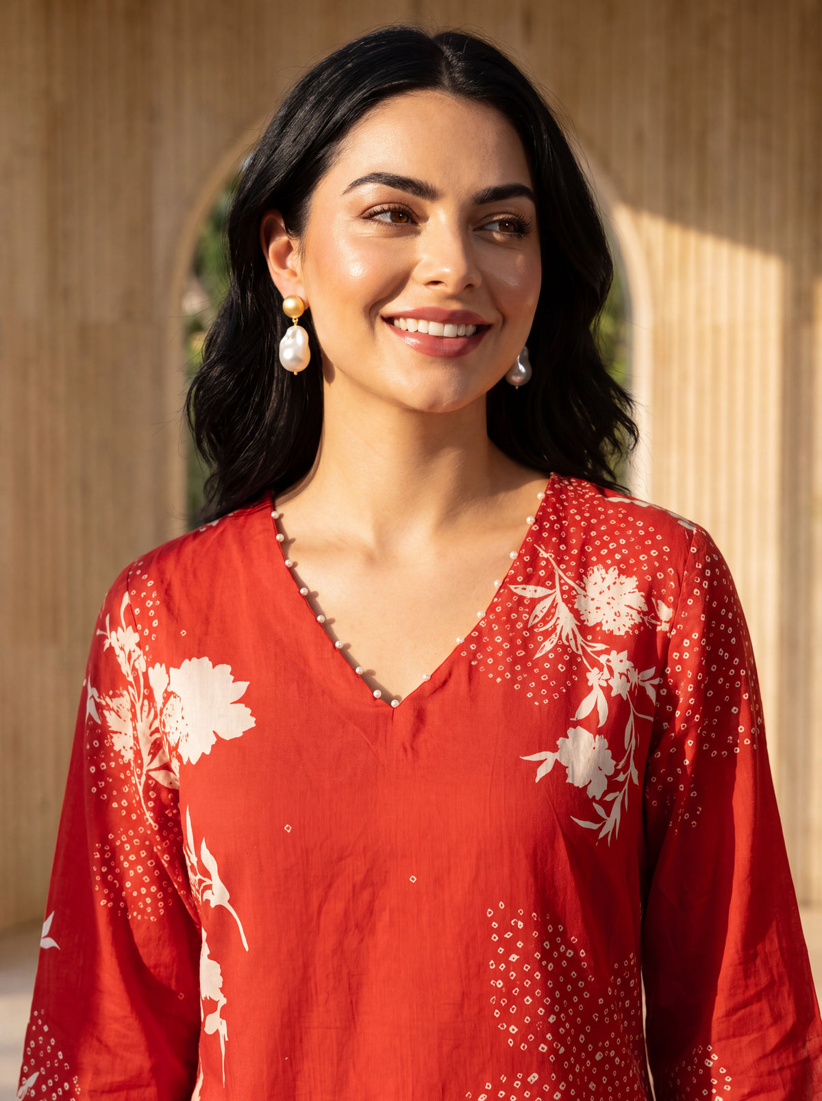 Red Floral Printed Straight Kurta