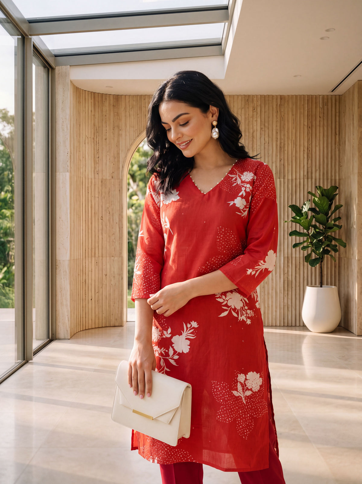 Red Floral Printed Straight Kurta