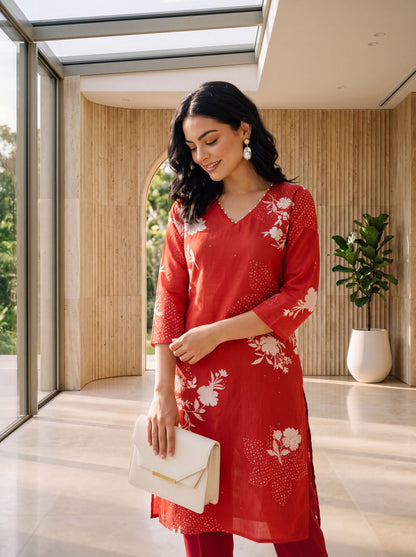 Red Floral Printed Straight Kurta