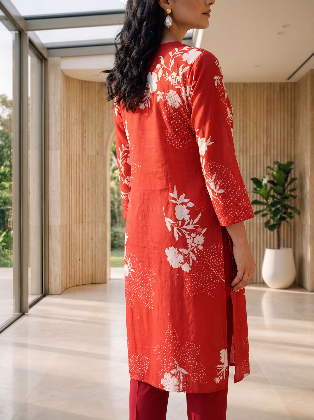 Red Floral Printed Straight Kurta