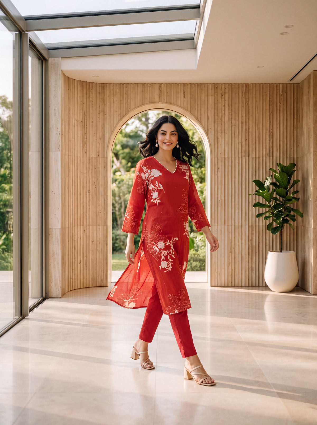 Red Floral Printed Straight Kurta