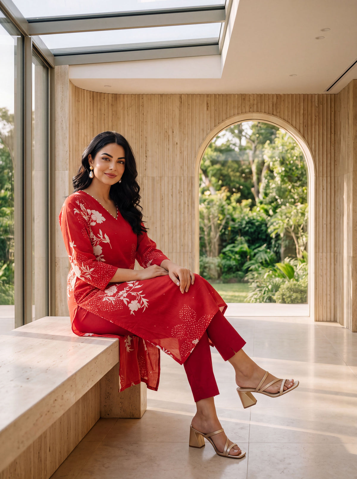Red Floral Printed Straight Kurta