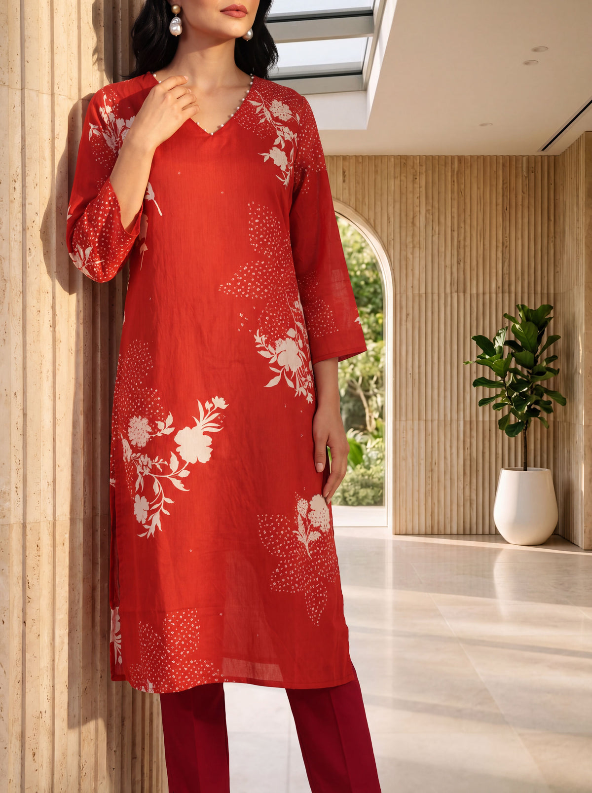Red Floral Printed Straight Kurta