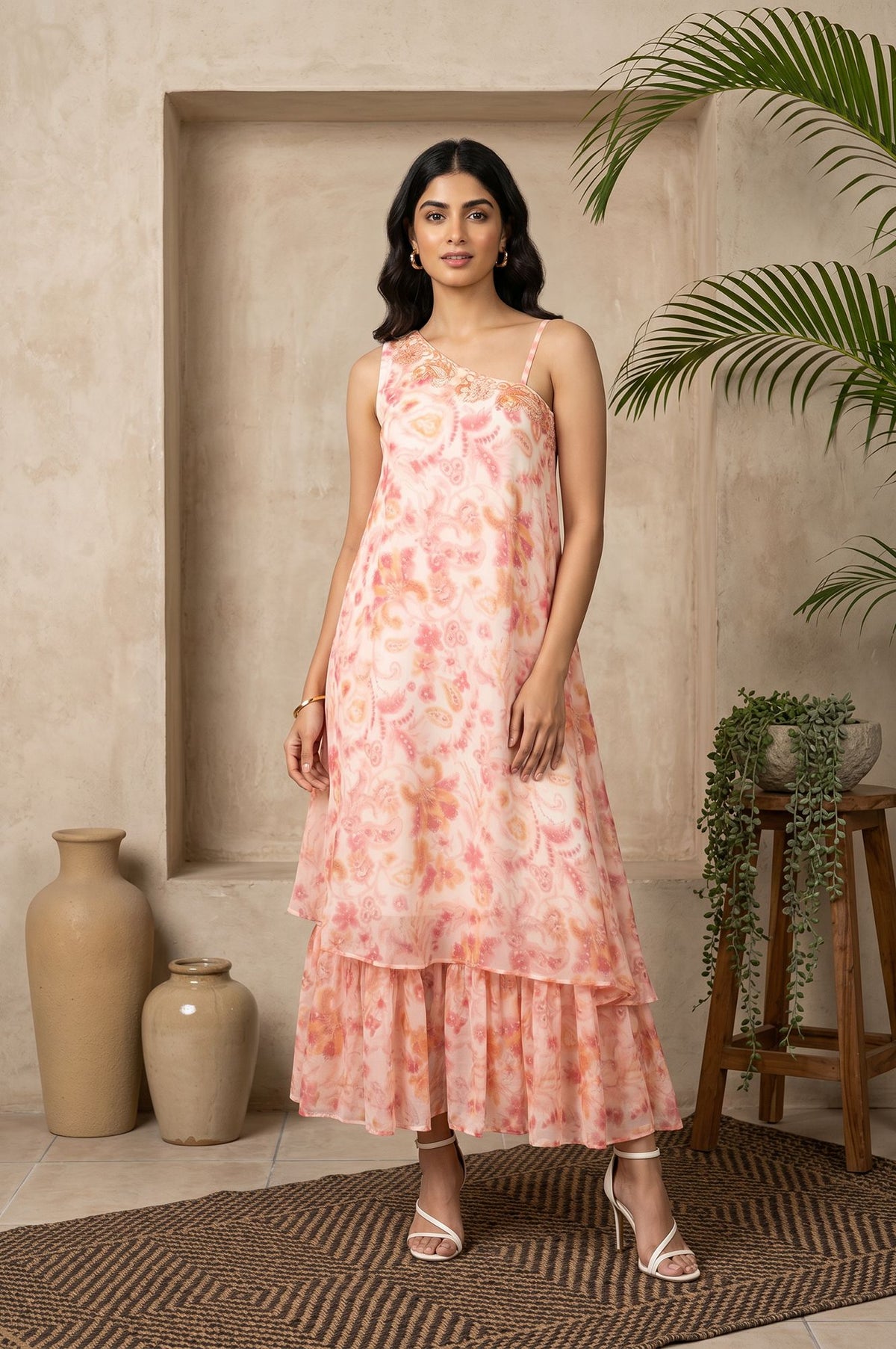 Light Pink Floral Printed Embroidered Sleeveless Chiffon Western Dress