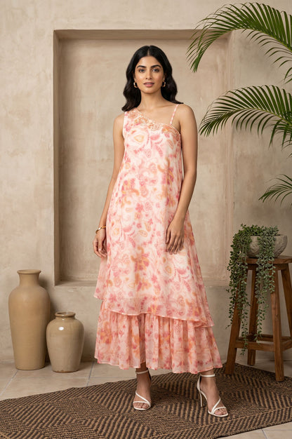 Light Pink Floral Printed Embroidered Sleeveless Chiffon Western Dress