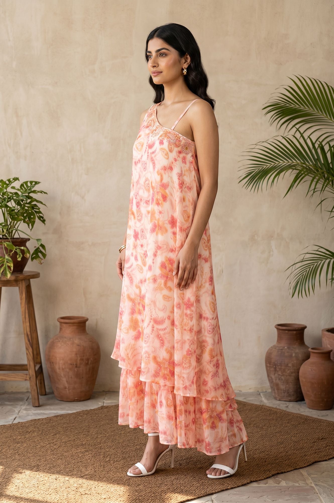 Light Pink Floral Printed Embroidered Sleeveless Chiffon Western Dress