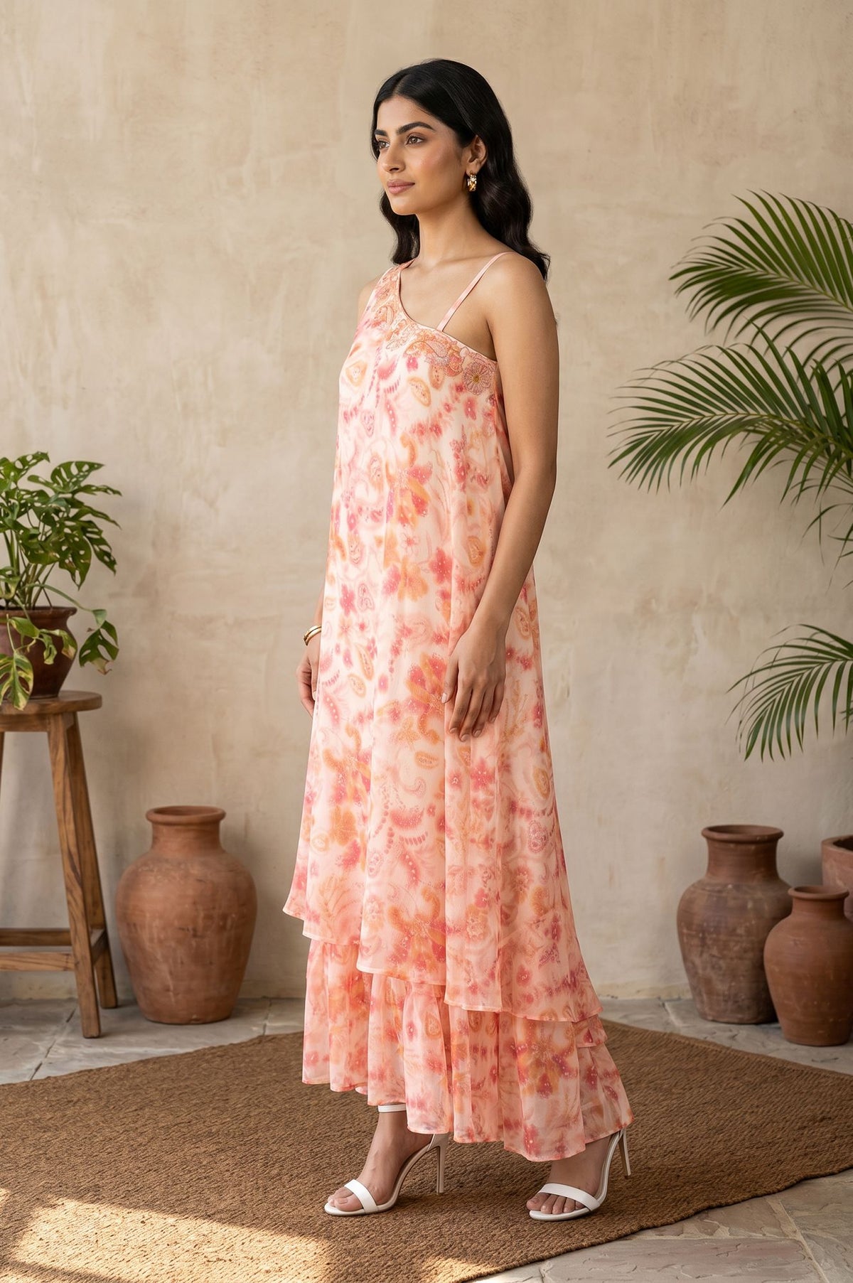 Light Pink Floral Printed Embroidered Sleeveless Chiffon Western Dress