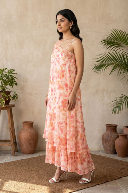 Light Pink Floral Printed Embroidered Sleeveless Chiffon Western Dress