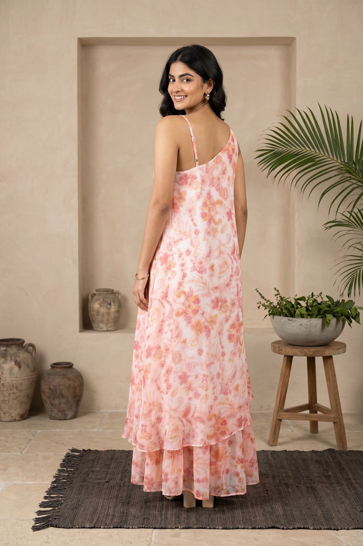 Light Pink Floral Printed Embroidered Sleeveless Chiffon Western Dress