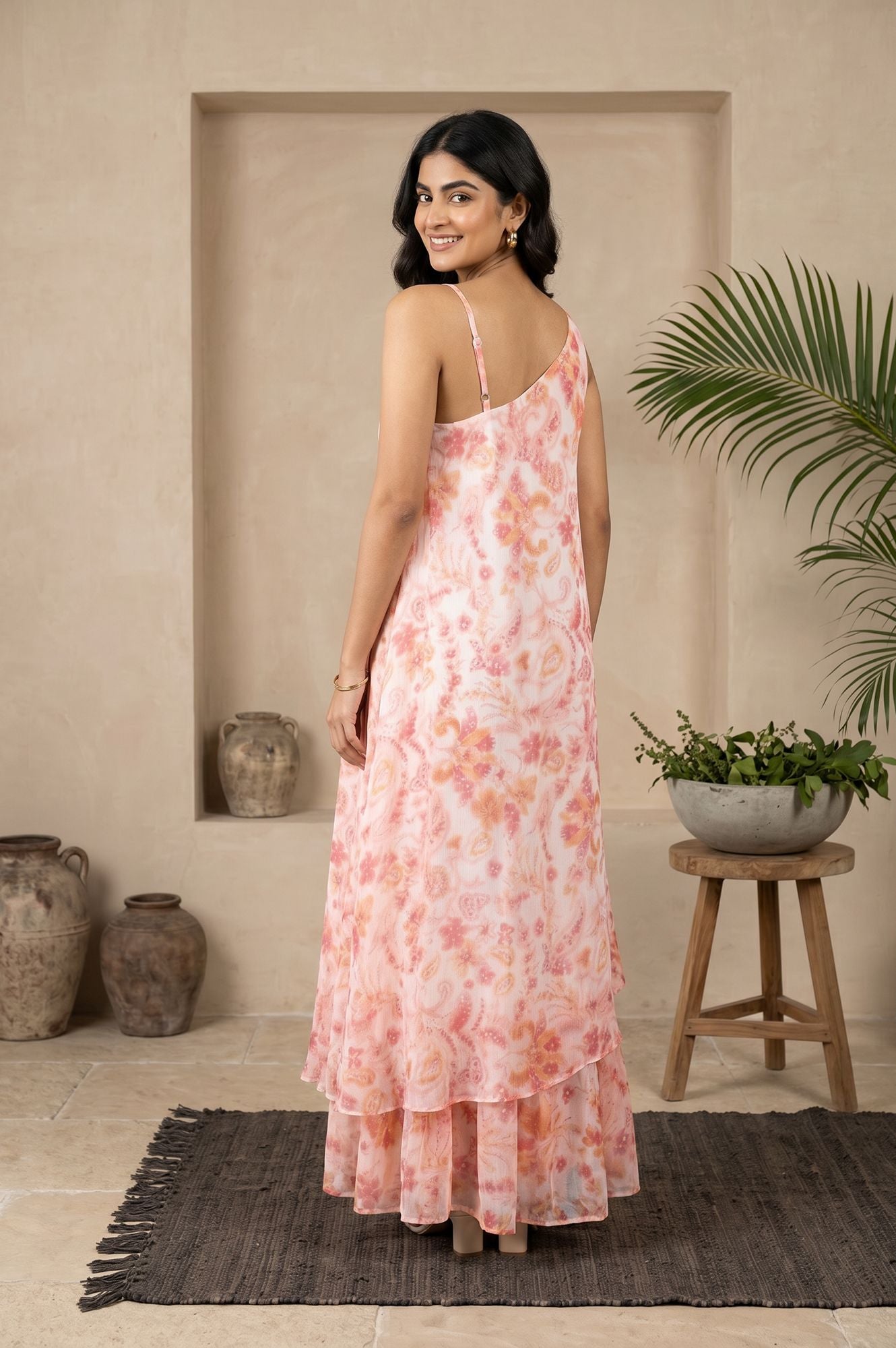 Light Pink Floral Printed Embroidered Sleeveless Chiffon Western Dress