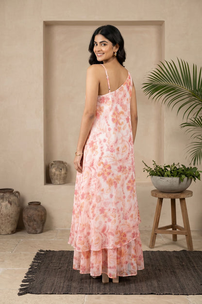 Light Pink Floral Printed Embroidered Sleeveless Chiffon Western Dress