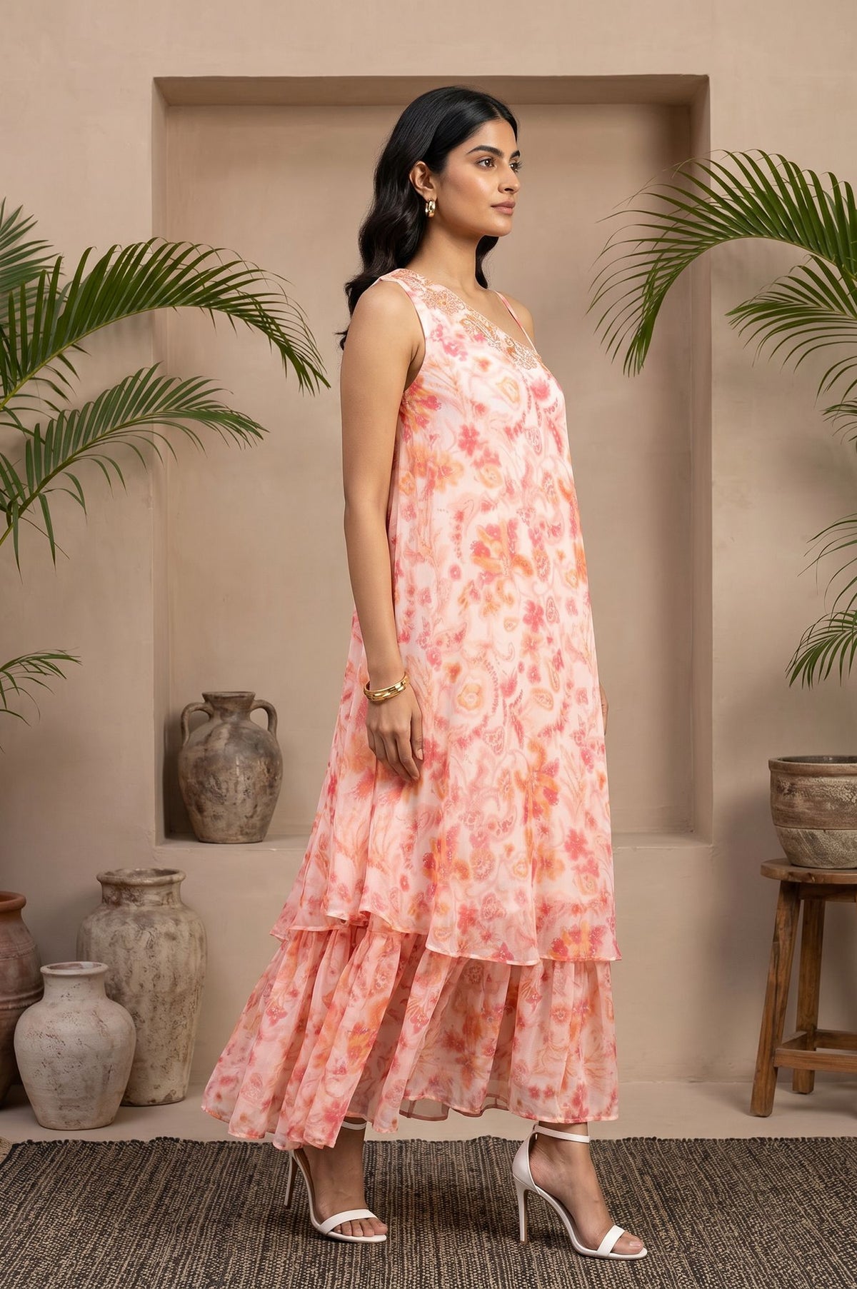 Light Pink Floral Printed Embroidered Sleeveless Chiffon Western Dress