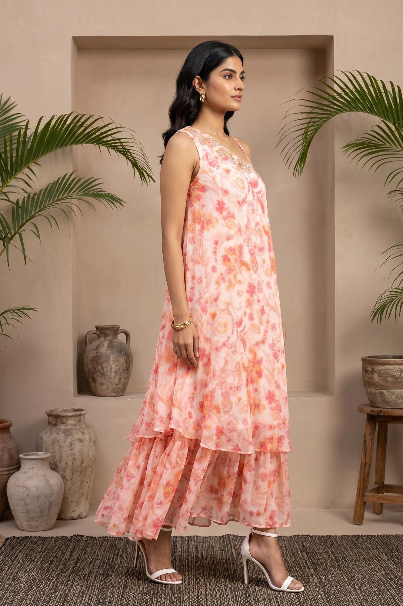 Light Pink Floral Printed Embroidered Sleeveless Chiffon Western Dress