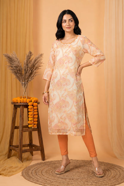 Off White Paisley Thread Embroidered Tissue Straight Kurta
