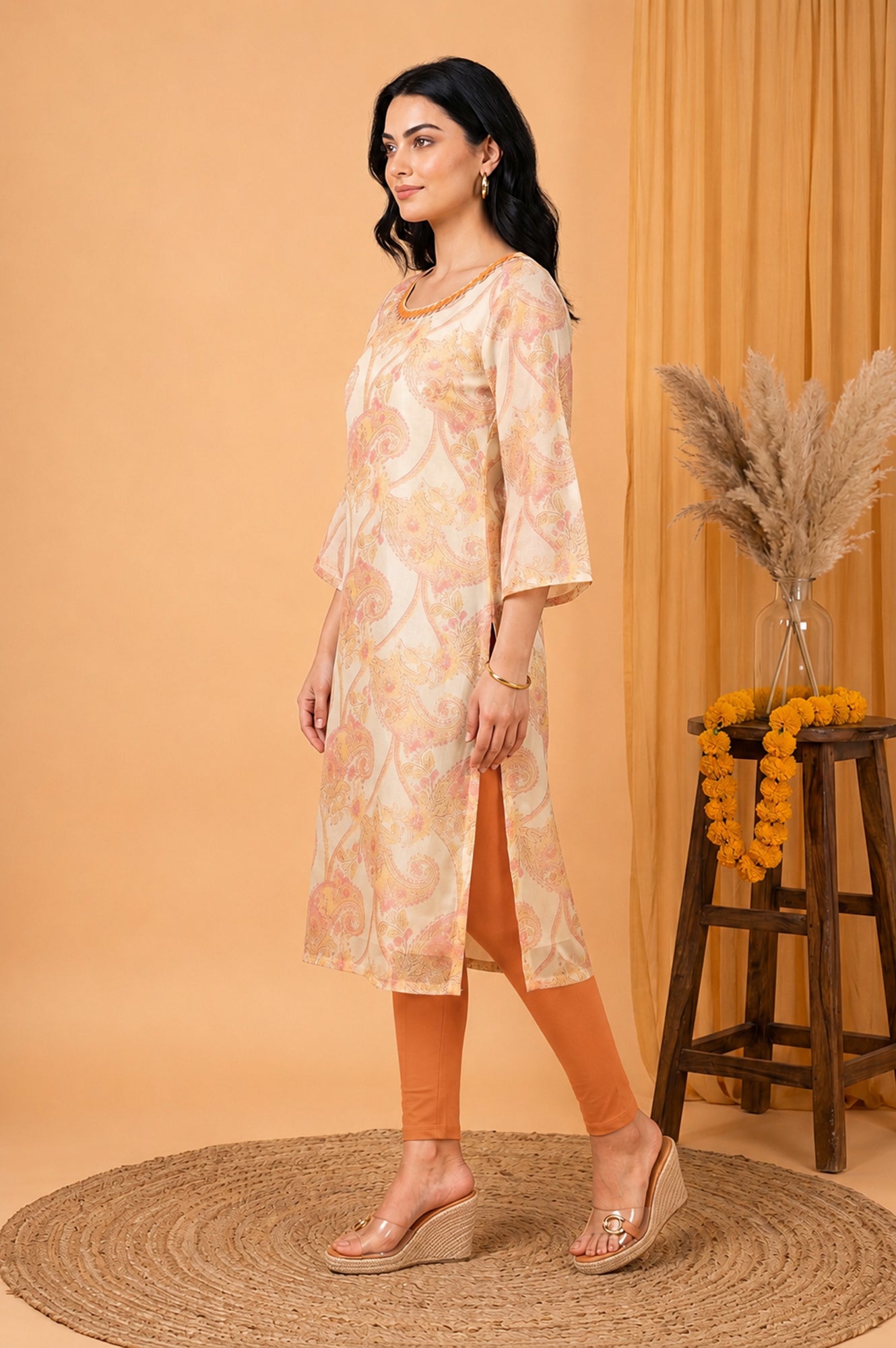 Off White Paisley Thread Embroidered Tissue Straight Kurta