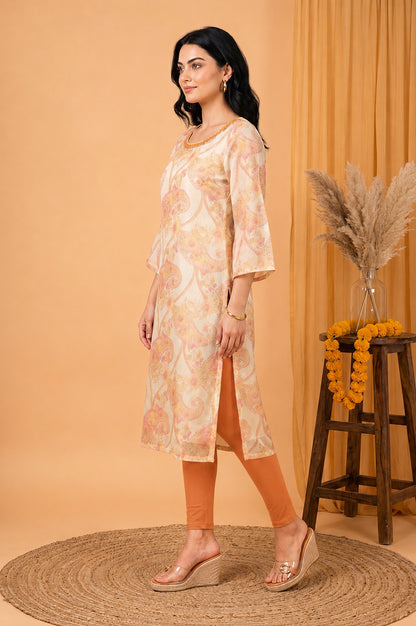 Off White Paisley Thread Embroidered Tissue Straight Kurta