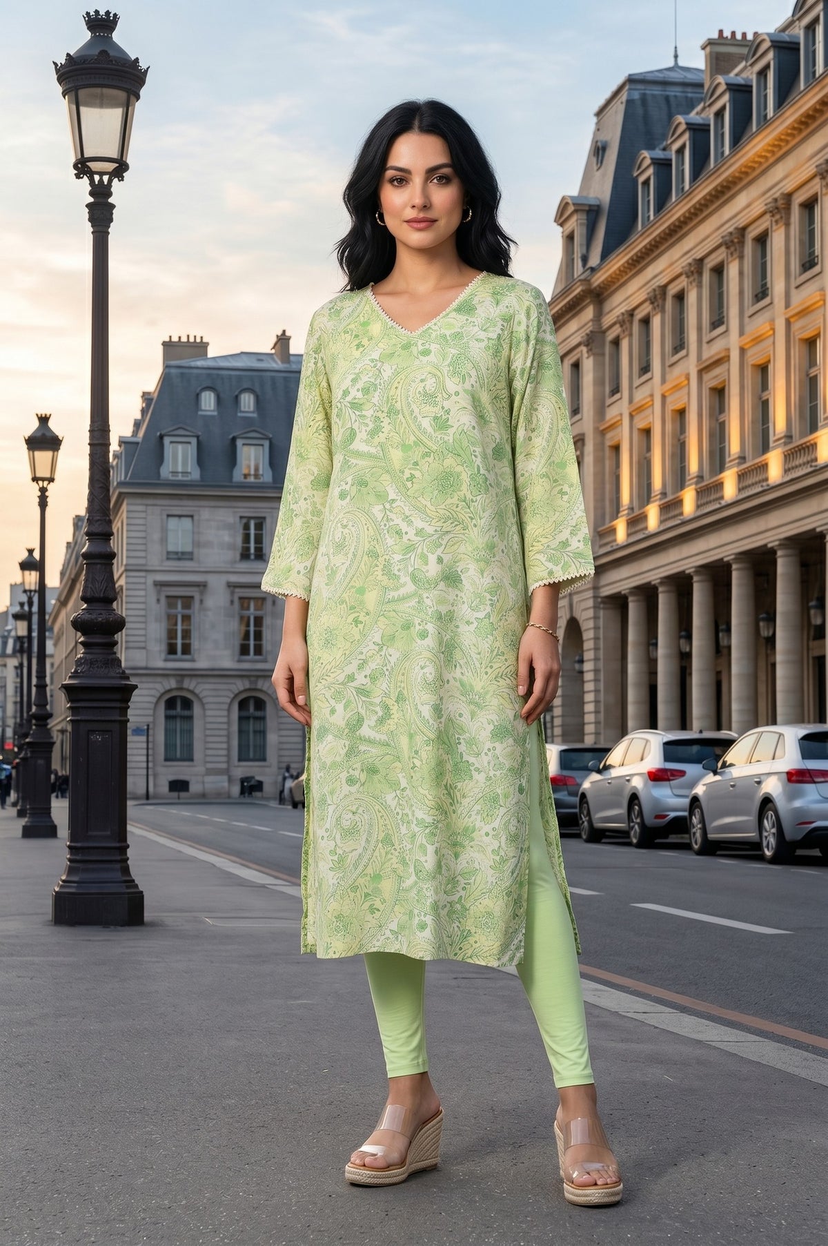 Green Paisley Printed Modal Straight Kurta
