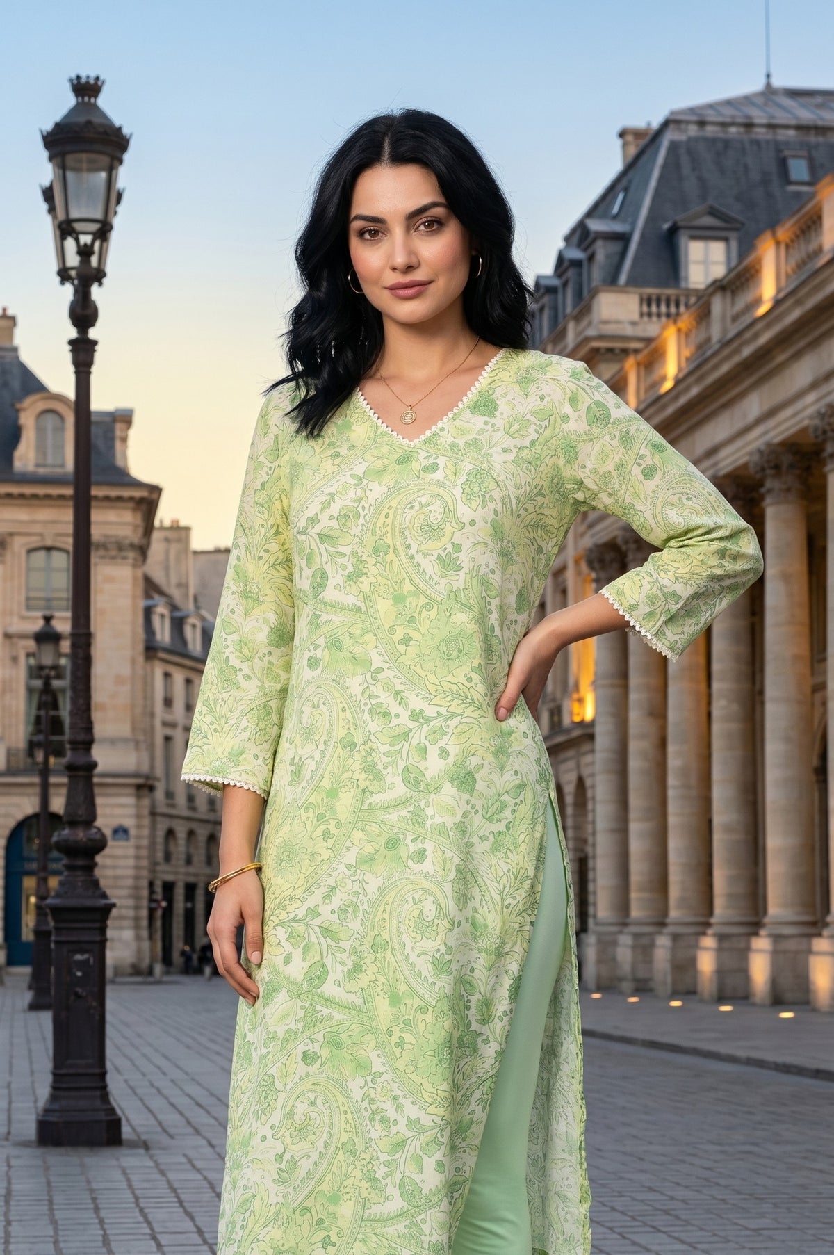 Green Paisley Printed Modal Straight Kurta