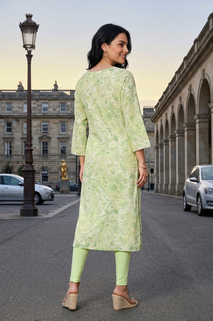 Green Paisley Printed Modal Straight Kurta