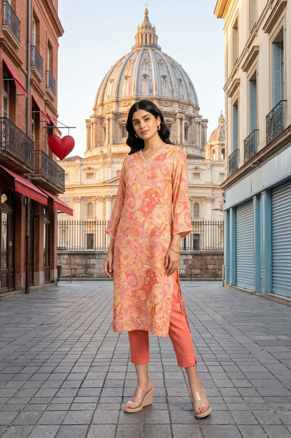 Peach Paisley Printed Modal Straight Kurta