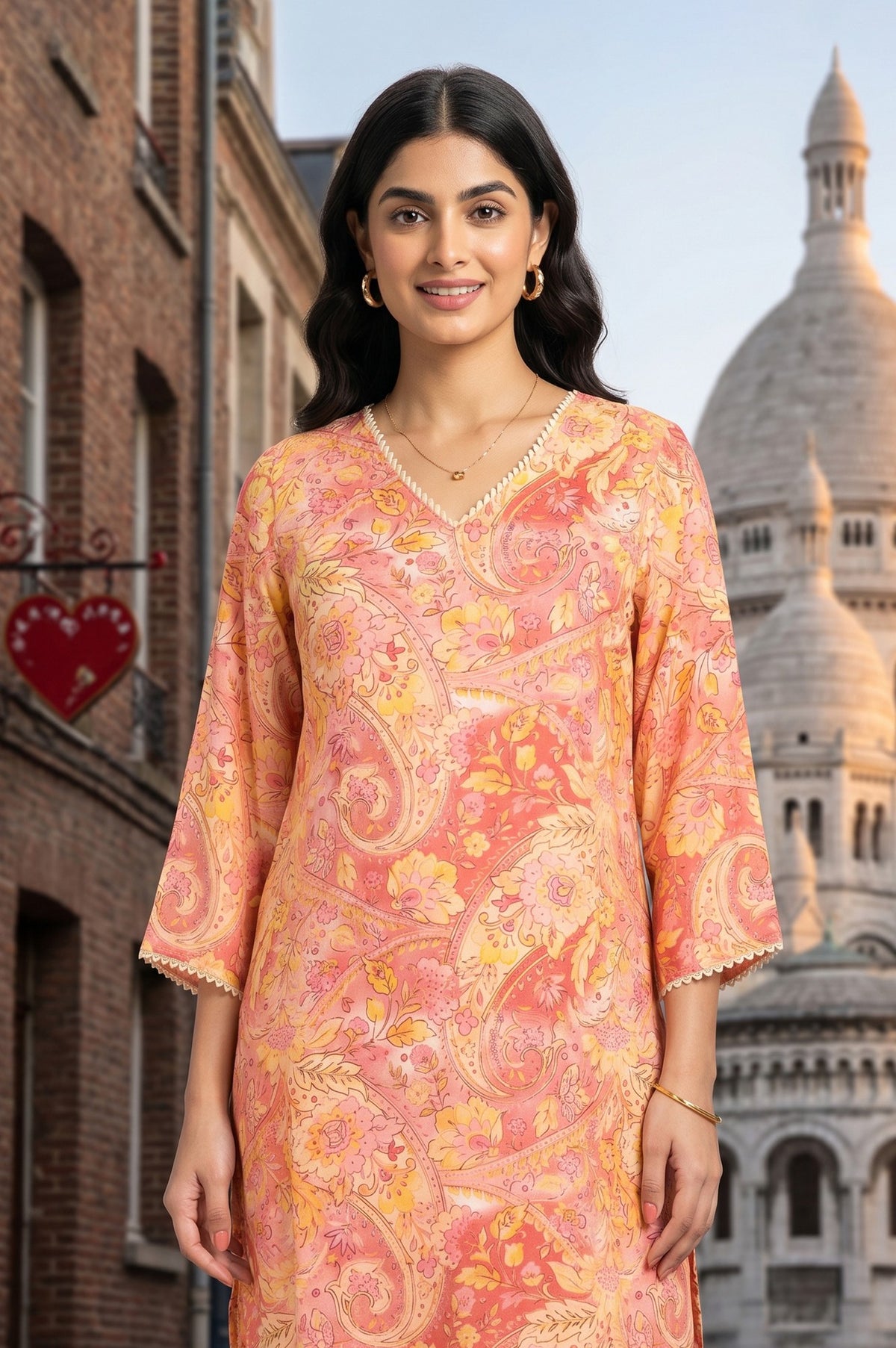 Peach Paisley Printed Modal Straight Kurta