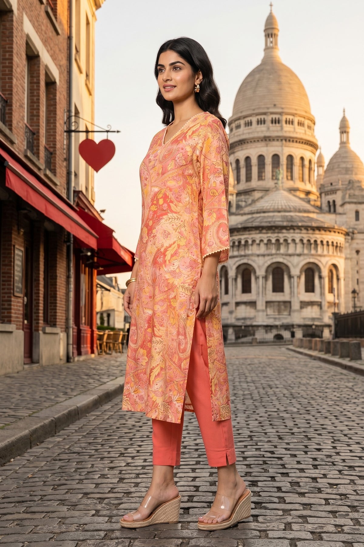 Peach Paisley Printed Modal Straight Kurta