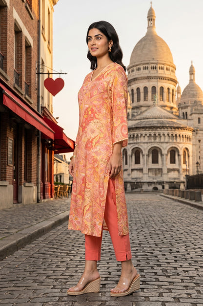 Peach Paisley Printed Modal Straight Kurta