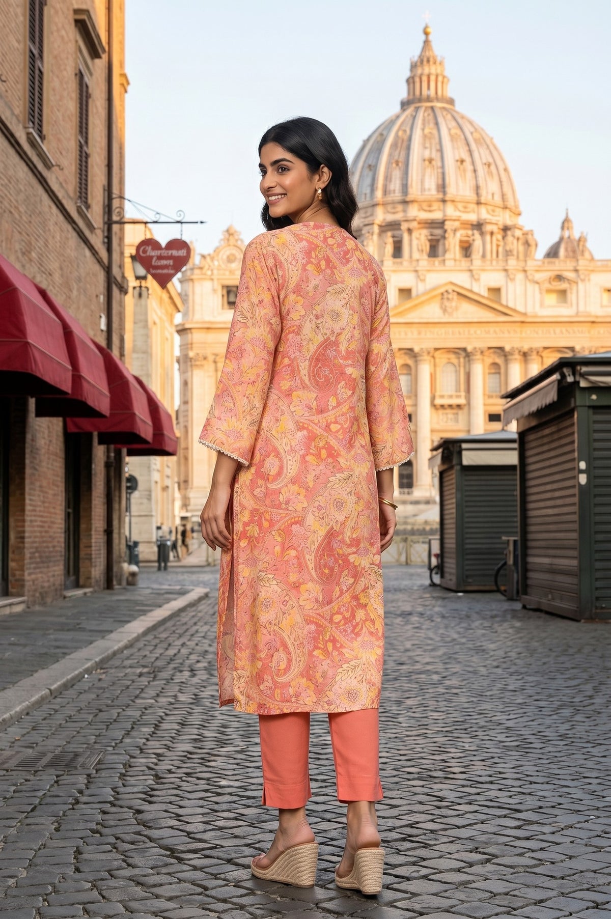 Peach Paisley Printed Modal Straight Kurta