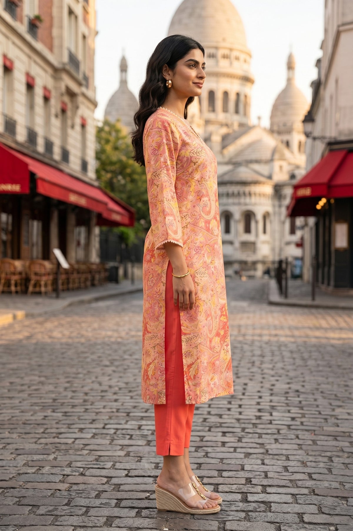 Peach Paisley Printed Modal Straight Kurta