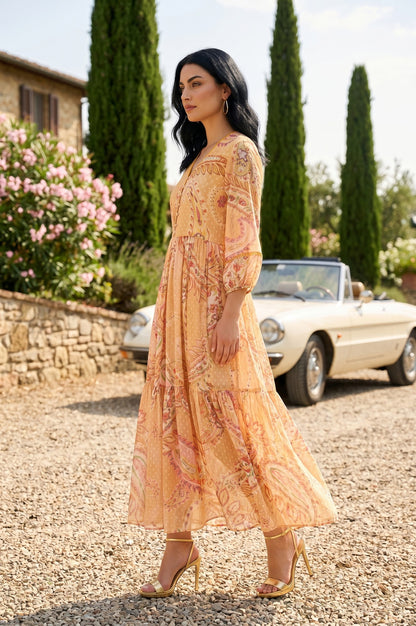 Peach Paisley Chiffon Flared Western Dress