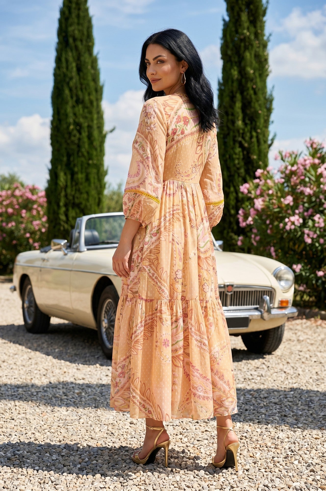 Peach Paisley Chiffon Flared Western Dress