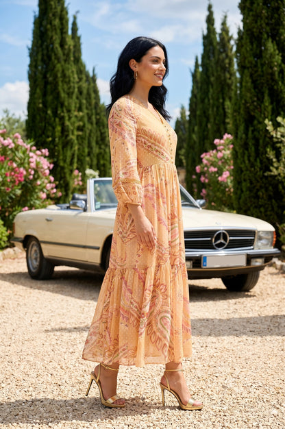 Peach Paisley Chiffon Flared Western Dress