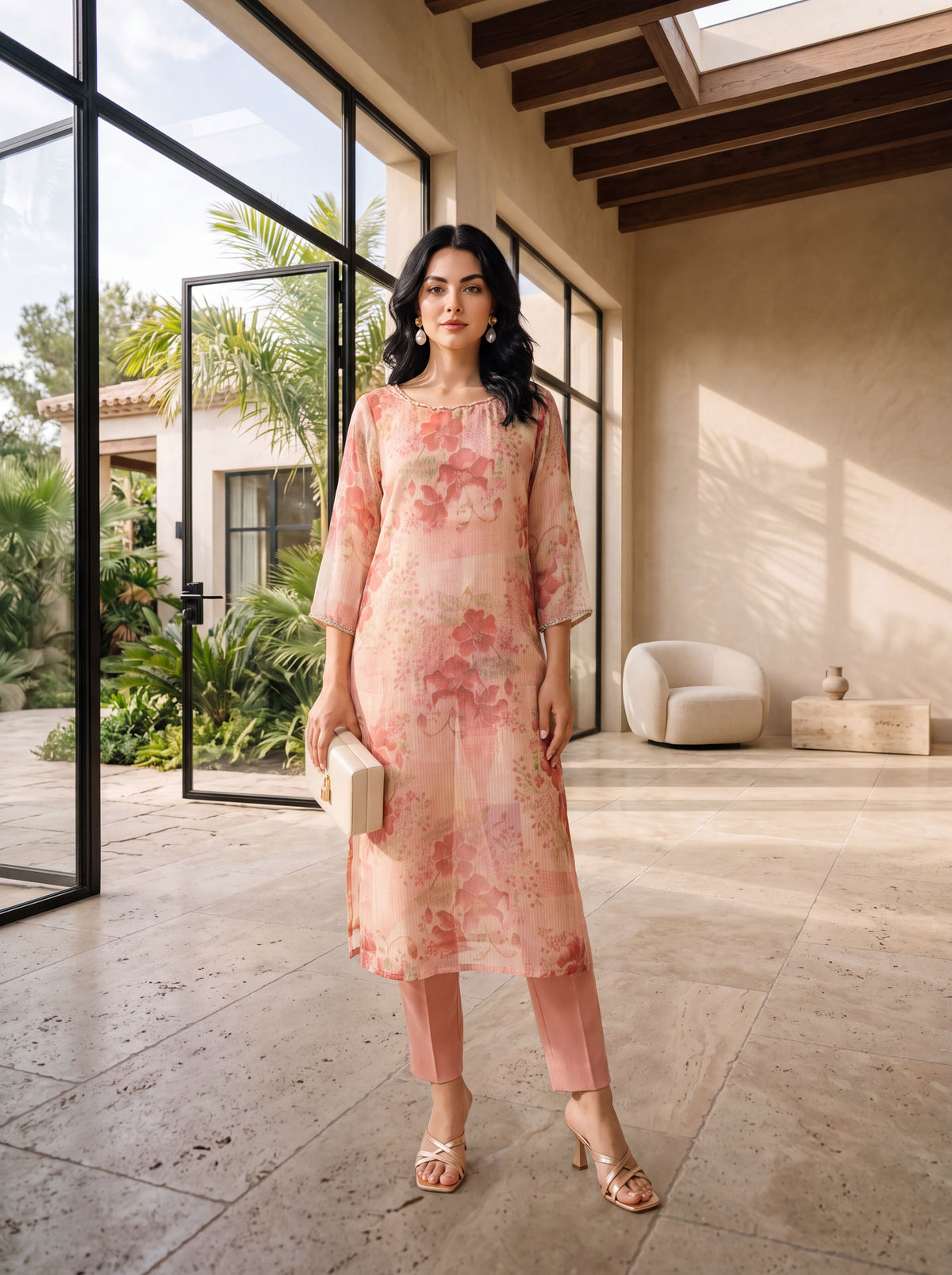 Peach Floral Printed Tissue Straight Kurta