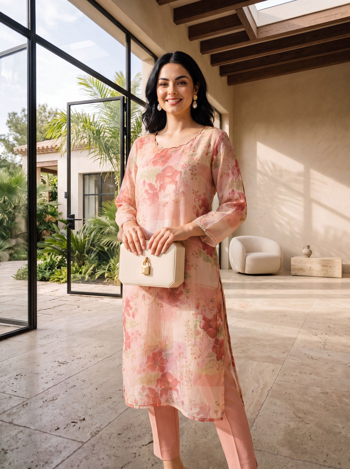 Peach Floral Printed Tissue Straight Kurta
