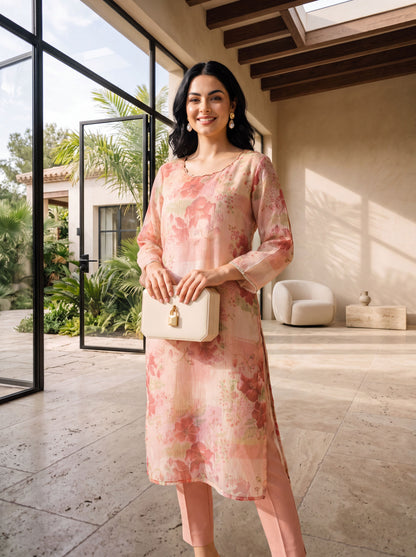 Peach Floral Printed Tissue Straight Kurta