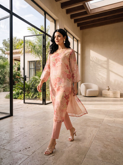 Peach Floral Printed Tissue Straight Kurta