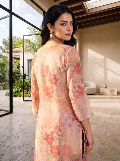 Peach Floral Printed Tissue Straight Kurta