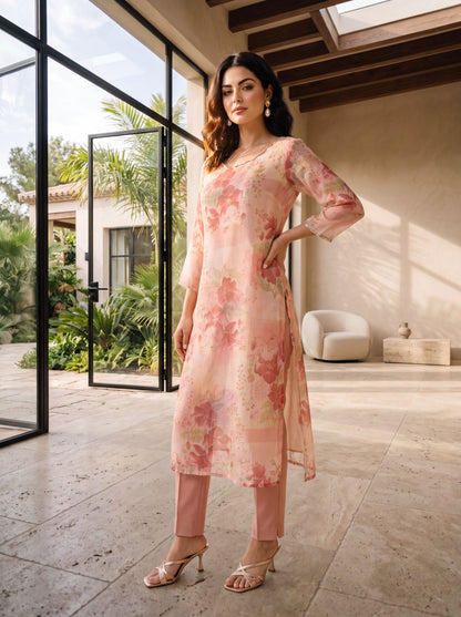 Peach Floral Printed Tissue Straight Kurta