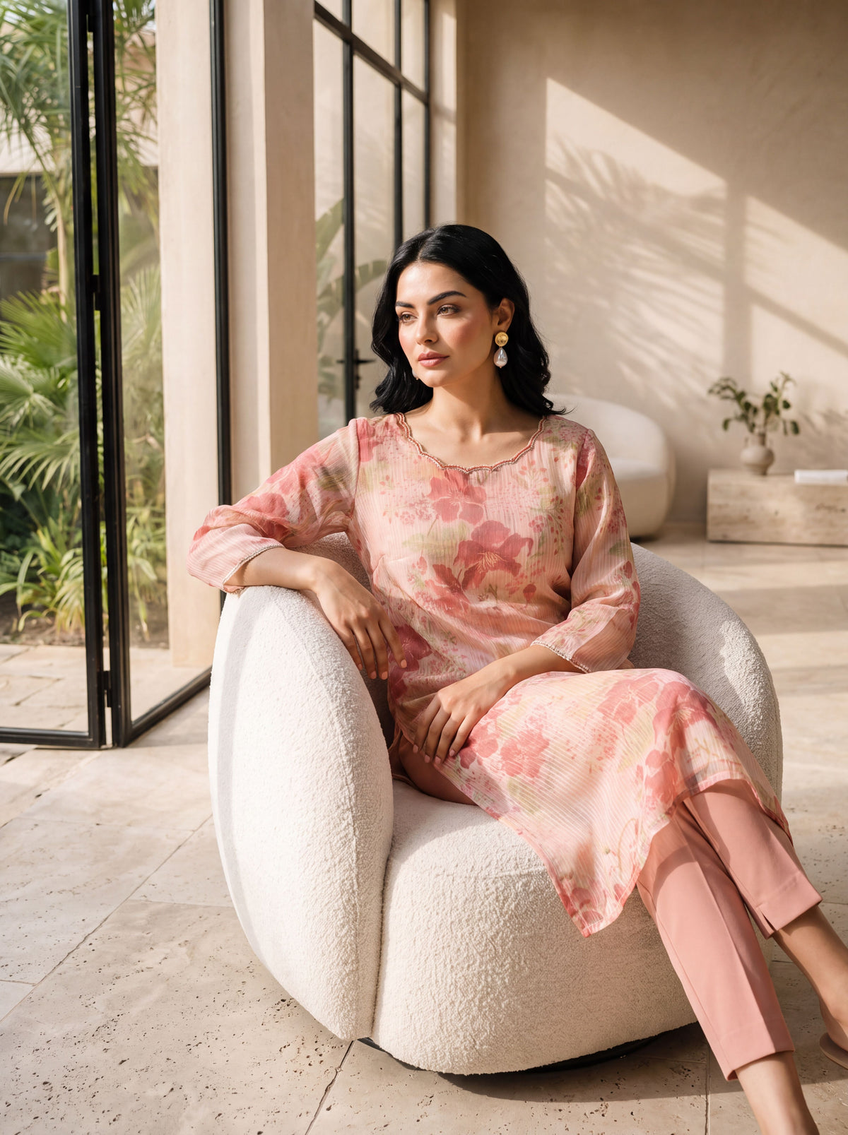 Peach Floral Printed Tissue Straight Kurta