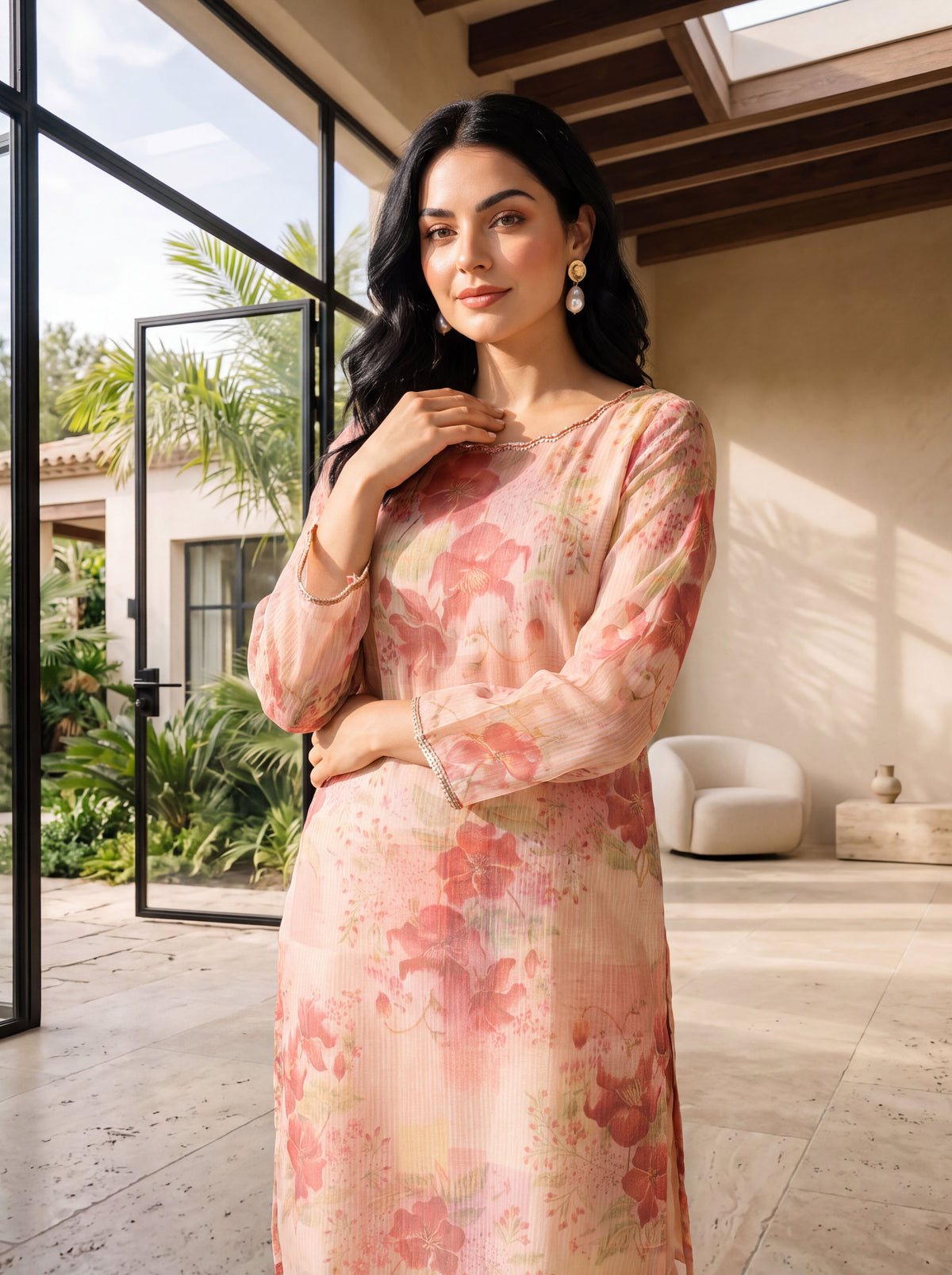 Peach Floral Printed Tissue Straight Kurta